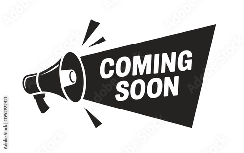 A black megaphone announces coming soon with dynamic burst lines