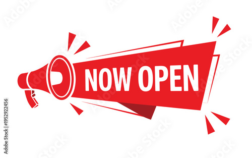 A vibrant red megaphone graphic announces now open with dynamic burst shapes