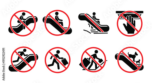Prohibition signs depicting unsafe escalator and pedestrian behaviors