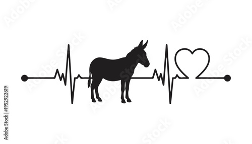 Silhouette of a donkey integrated into a heartbeat line with a heart symbol.