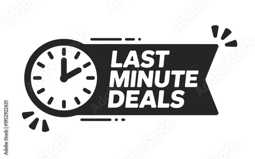 A graphic illustration announces last minute deals with a clock and ribbon