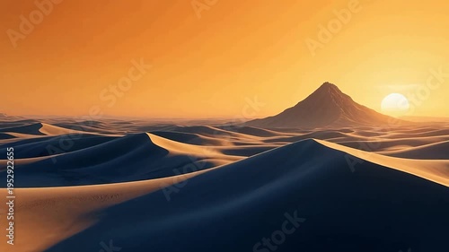 Golden desert dunes under sunset sky