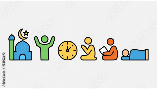 A set of Islamic worship themed icon illustrations with a plain background. 