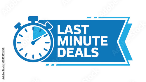 A vibrant blue banner advertises last minute deals with a clock image