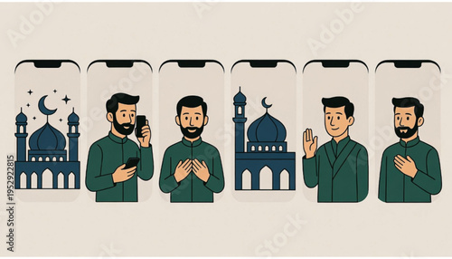 A set of Islamic worship themed icon illustrations with a plain background. 