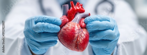Medical professional holds a model of the human heart in hands while in a clinical setting during daytime for education or demonstration