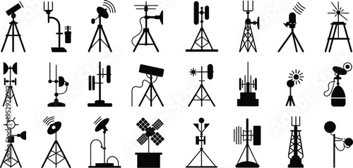 Antenna and surveillance equipment silhouette collection isolated on white background, wireless signal devices set, communication technology elements, security systems, vector illustration bundle