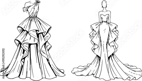 Gown illustration of two elegant black and white formal dresses with ruffles