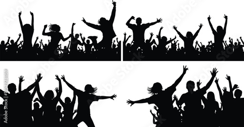 Cheering crowd silhouette collection isolated on white background, excited people raising hands, concert audience set, party celebration scene, festival energy, vector illustration bundle