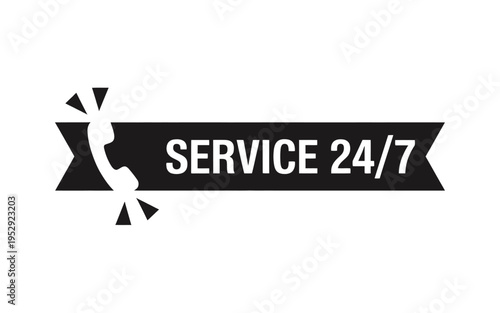 Black ribbon graphic with a telephone receiver and the text service 24 7