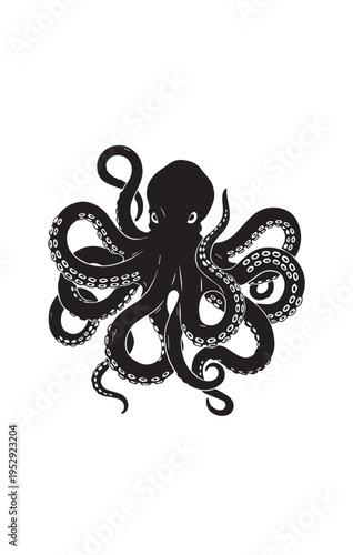 A detailed black and white artistic illustration of a small octopus with curled tentacles isolated