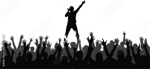 Excited concert crowd silhouette with raised hands and performer on stage, cheering audience, music festival energy, party atmosphere, nightlife event, entertainment background concept