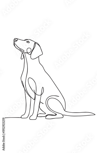 A minimalist black and white line drawing of a friendly dog sitting calmly on a plain white ground