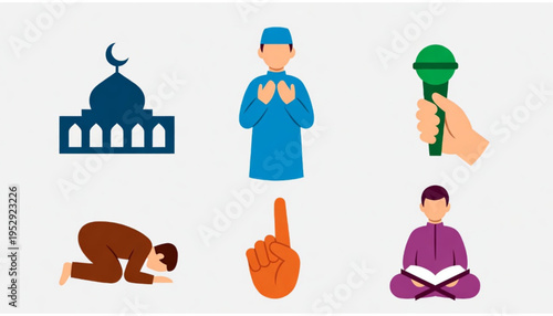 A set of Islamic worship themed icon illustrations with a plain background. 