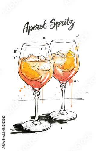 A vibrant watercolor illustration depicting two refreshing glasses of orange aperol spritz drink