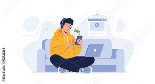 Young man with headphones using smartphone and laptop, earning money online concept