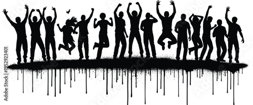 Jumping people silhouette with paint drip effect, urban crowd celebration, dancing youth group, street art style, energetic party scene, grunge design isolated on white background
