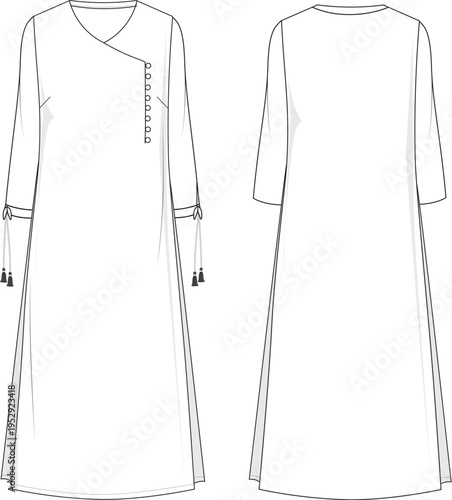 Women’s Long Sleeve V-Neck Kurta Dress Technical Flat Sketch Front and Back View Apparel Design Template