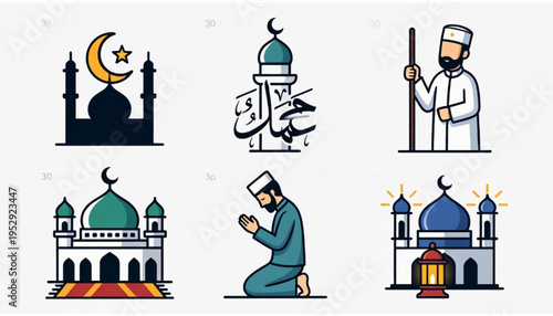 A set of Islamic worship themed icon illustrations with a plain background. 