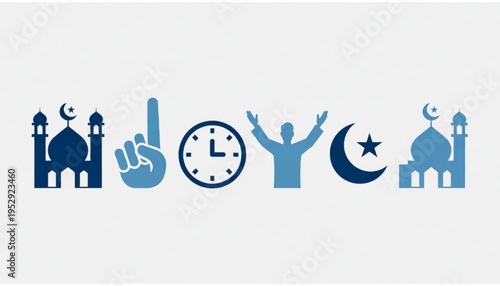 A set of Islamic worship themed icon illustrations with a plain background. 