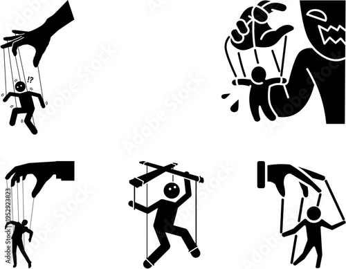 A collection of stick figure illustrations depicting various forms of control and manipulation, with hands operating them like puppets on strings.