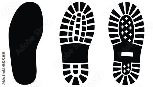 Footprint icon set including sole and tread patterns in black silhouette