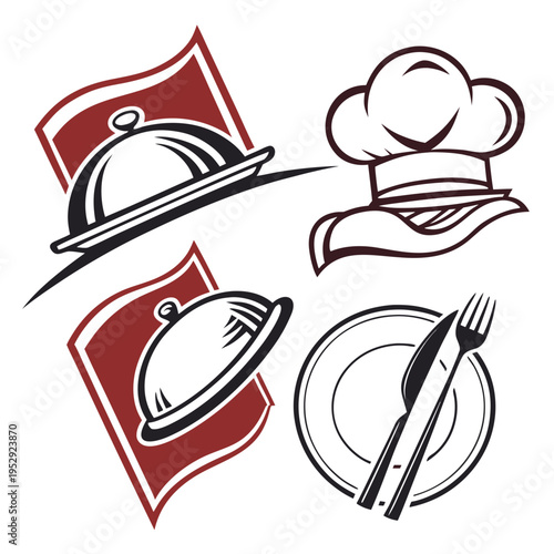 Set of stylized restaurant and chef icons: cloche serving dish, chef hat, plate with cutlery, a grouping of four distinct graphic elements related to food and dining