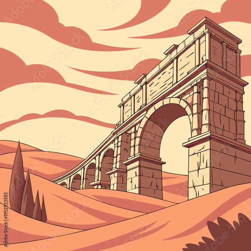 Ancient roman aqueduct in a surreal desert landscape with stylized clouds and sun, illustrated scene, historic site