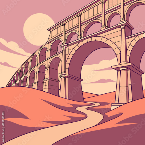 Roman aqueduct structure under a large sun and pastel sky, desert landscape with a winding path, historic site
