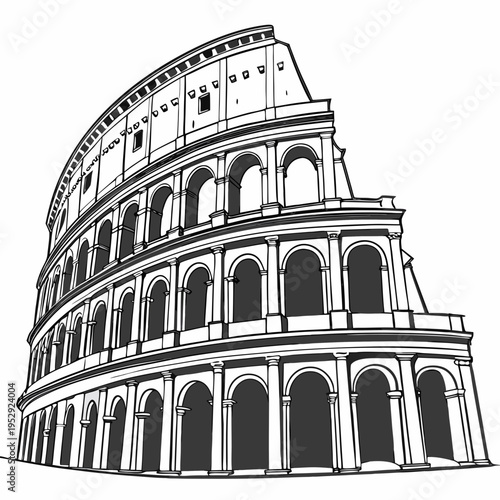 Outline drawing of the roman colosseum exterior with black and white