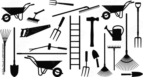 Garden tools silhouette collection vector illustration, farming equipment set, black isolated icons of rake, shovel, wheelbarrow, ladder, watering can for landscaping design