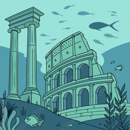 Underwater scene with ancient roman ruins: colosseum, columns, and marine life in serene blue tones, lost civilization