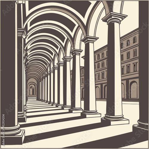 Grand classical colonnade and buildings, perspective view in sepia tones, light and shadow