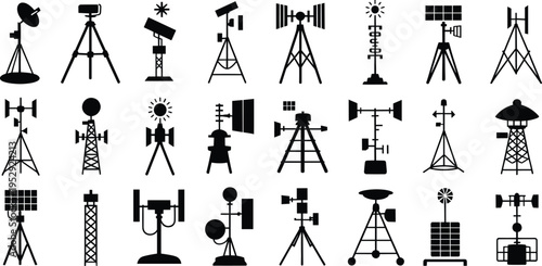 TOOP SELL.Satellite, antenna and communication tower silhouette collection isolated on white background, wireless signal equipment set, broadcast technology elements, solar panel devices,
