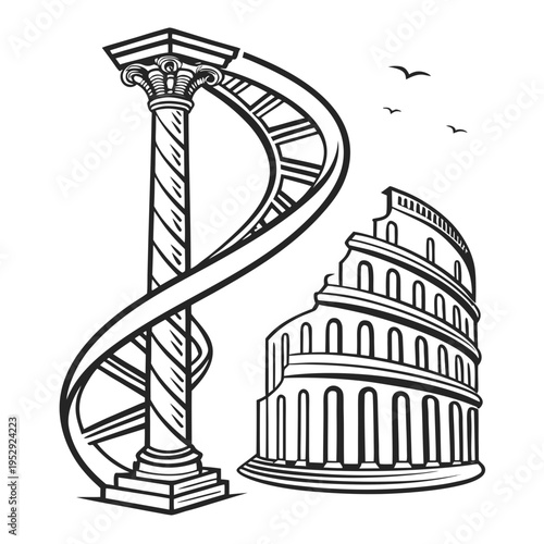 Ancient roman column and colosseum ruins in stylized linear art graphic with ancient rome