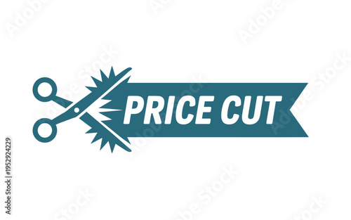 Scissors cutting through a ribbon labeled price cut in a teal color scheme