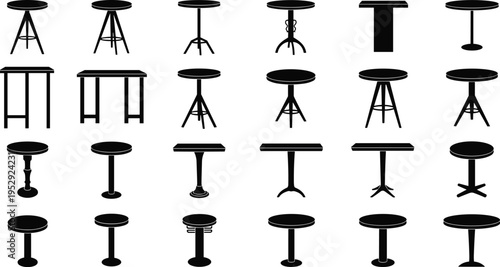 Round table silhouette collection isolated on white background, cafe and bar tables set, modern furniture elements, interior design shapes, vector illustration bundle