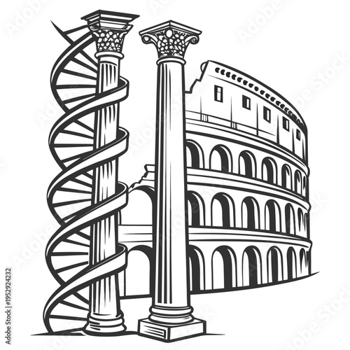 Spiral staircase next to roman column and colosseum outline illustration with ancient rome