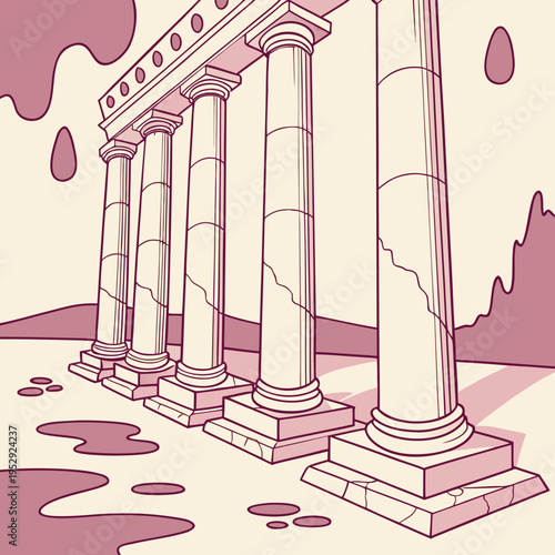 Row of ancient greek-style columns in outline drawing with cracked texture with line art