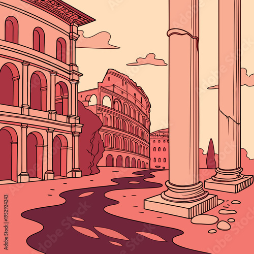 Stylized red illustration of colosseum and ancient roman forum architecture with ancient rome