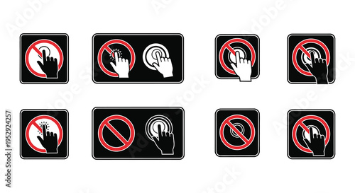 Four variations of do not touch signs displayed in a grid pattern