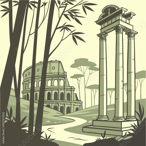 Colosseum and roman ruins amongst bamboo and trees in green monochrome art with ancient rome