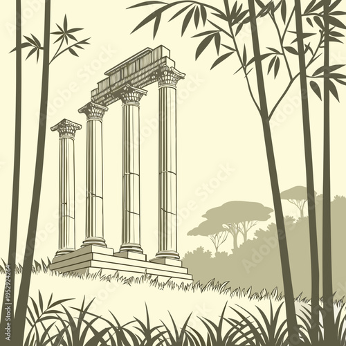 Ancient roman temple ruins framed by bamboo in sepia tone illustration with ancient rome