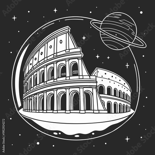 Colosseum in space diorama with planet and stars, black and white outline, ancient rome
