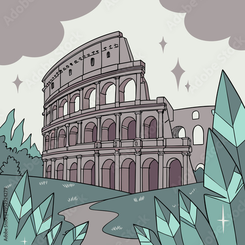 Cartoon colosseum surrounded by crystalline plants and moody clouds with ancient rome