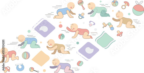 Baby Crawling Stages Collection with Newborn Infants Moving Playing and Developing Motor Skills with Toys in Cartoon Vector Illustration Style.
