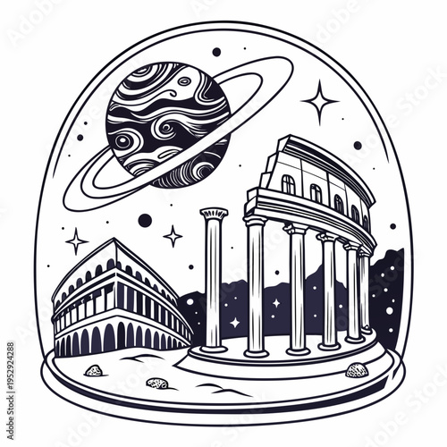 Roman colosseum and pillars in cosmic scene with ringed planet with ancient rome