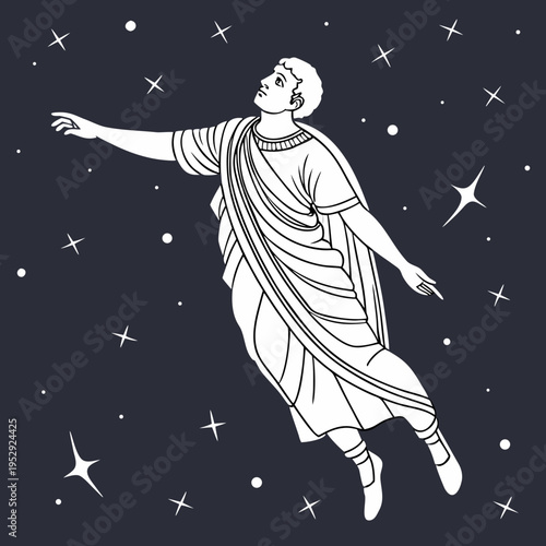 Figure in roman toga floats among stars and constellations, ancient greek mythological character, celestial scene illustration, night sky