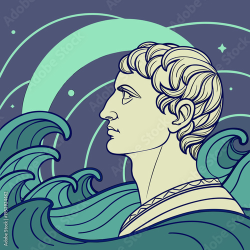 Classical profile of man amidst stylized waves and celestial elements, vintage art style, cosmic ocean theme, line art