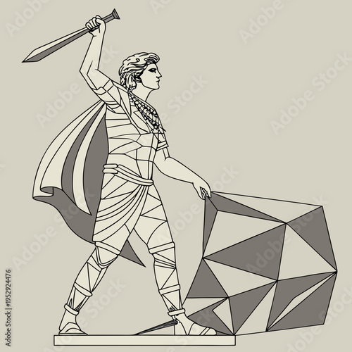 Ancient warrior with sword and geometric stone, stylized line art, classical heroic figure